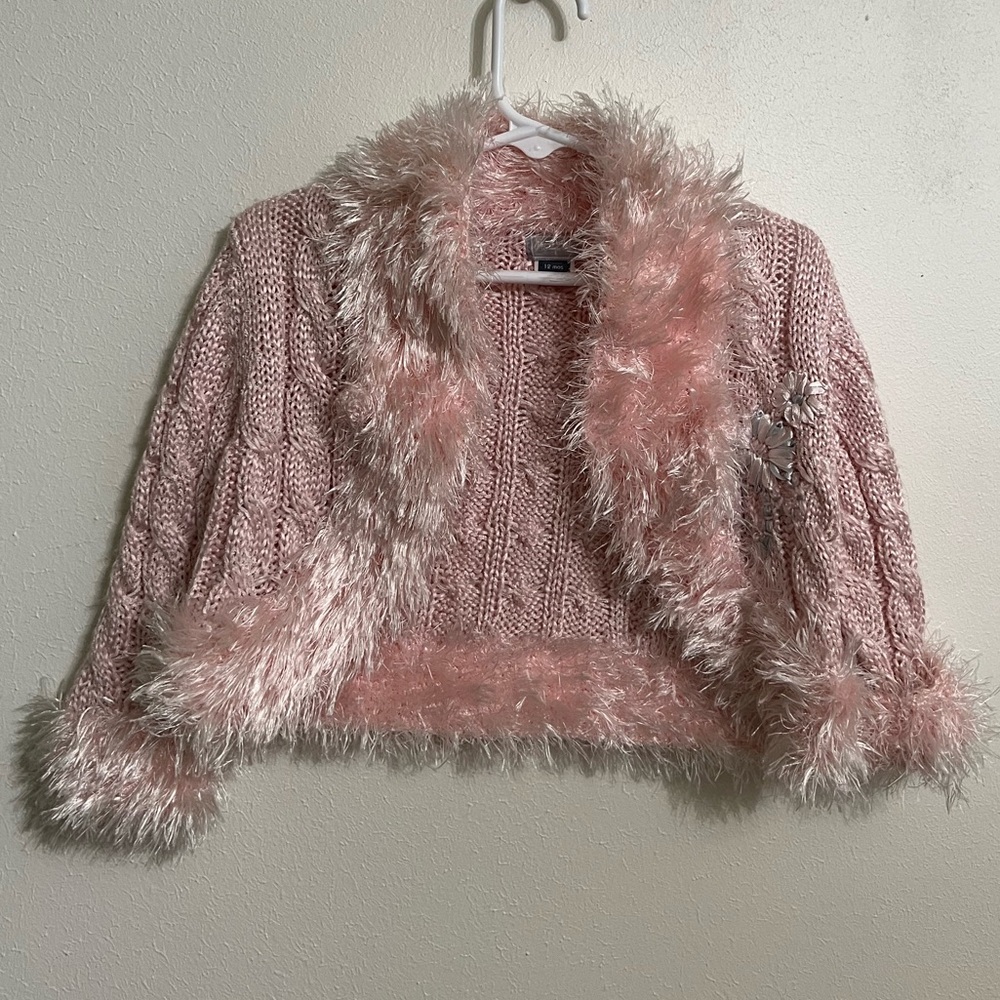 Pampolina Baby Pink Faux Fur Knit Cardigan with closure button – 12 Months